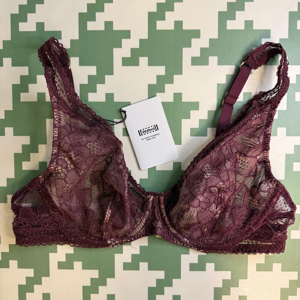 Wolford Lace Bra Deep Plum Purple Underwire Size 36B NWT $248 MSRP - Picture 2 of 7